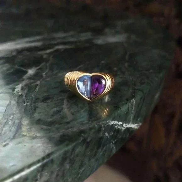 Vintage Bvlgari 18K Yellow Gold Aquamarine Amethyst Heart Ring - Picture 4 of 13